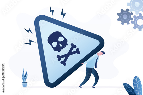 Unhappy businessman carrying huge danger sign. Triangle mark with skull and bones. Incident management, root cause analysis or solving problem, identify risk or critical failure.