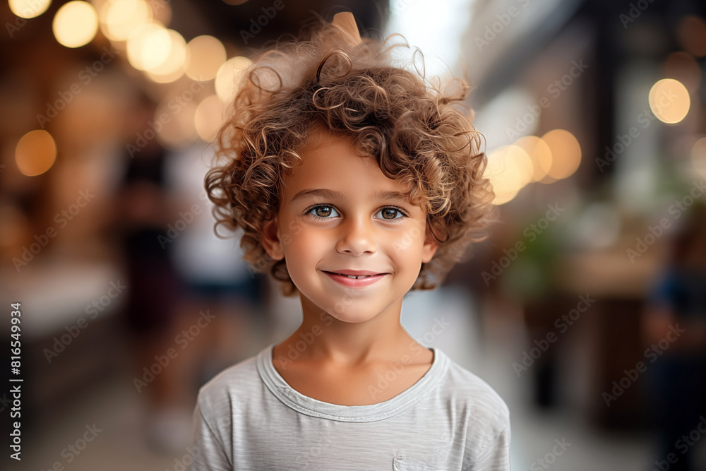smiling little boy with curly hair over blur lights background smiling little boy with curly hair over blur lights background