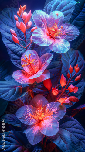 Blacklight botanical garden  exotic flowers glowing  enchanting and colorful