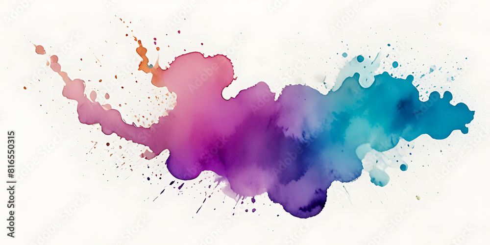 Bright colorful watercolor stain splash splatter brush stroke on white background. Modern vibrant aquarelle spot. Rainbow trendy isolated design on white. Element