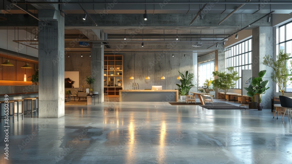 Spacious modern co-working office with stylish interior design, plants, and ambient lighting