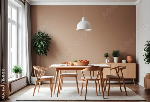 Cozy home living room interior with eating table and chairs  and stylish furniture. Mockup wall