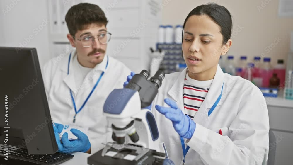 A man and woman in lab coats work together in a laboratory, using a microscope and computer. A man and woman in lab coats work together in a laboratory, using a microscope and computer.