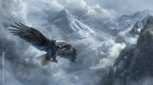 High above the mist-shrouded mountains  a bald eagle glides on thermals  its keen eyes scanning the landscape below  