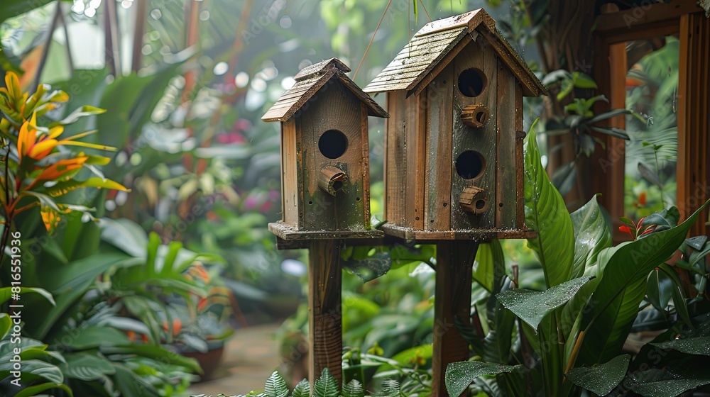 Birdhouses made from recycled wood in a lush garden, wildlife care, charming and environmentally friendly Birdhouses made from recycled wood in a lush garden, wildlife care, charming and environmentally friendly