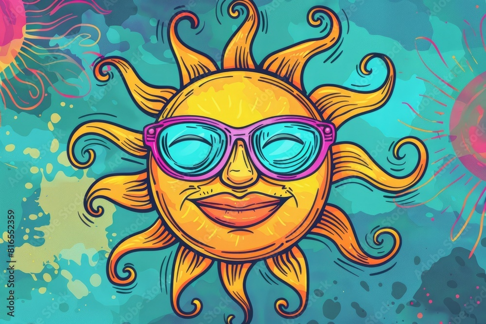 Cartoon cute doodles of a cheerful sun wearing sunglasses and a smiley face, Generative AI Cartoon cute doodles of a cheerful sun wearing sunglasses and a smiley face, Generative AI
