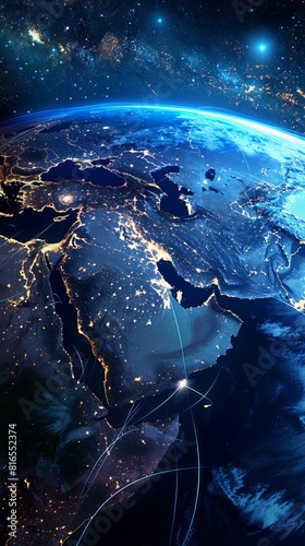 Earth in Space. Blue Lines connect Riyadh Saudi, Arabia with Cities across the World. International Travel or Business Concept.