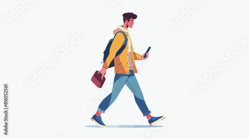 Guy uses smartphone on the go. Man walking holding mo