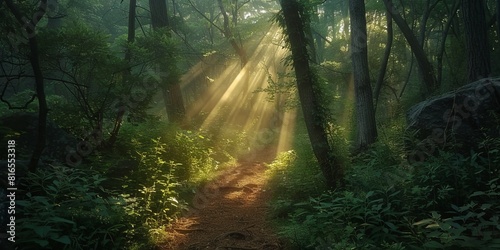 Sunlight filtering through a dense woodland trail