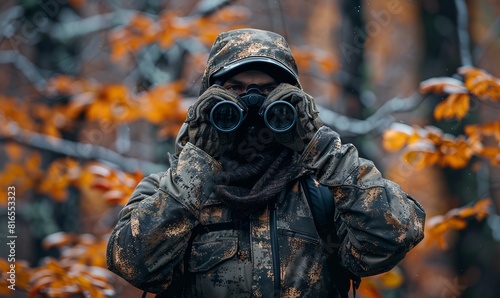 A man in full camouflage stands looking through binoculars while bowhunting photo