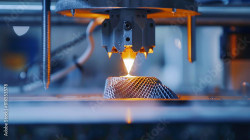 A close-up shot of a 3D printer nozzle depositing layers of molten filament to build a small-scale architectural model highlighting the precision and detail achievable with modern 3D printing  photo