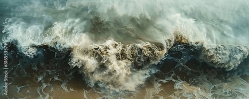 Aerial view of wave crashing along the shore of the Hamptons, Southampton, New York, United States. photo