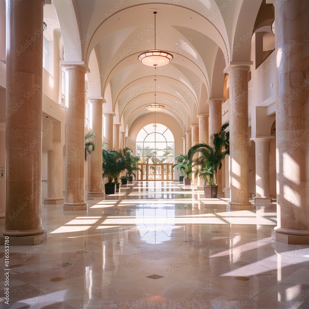 interior of hall lobby,modernism style,bright white,partially wood tone,plantimg,matte-textured floor,wide view,soft lighting