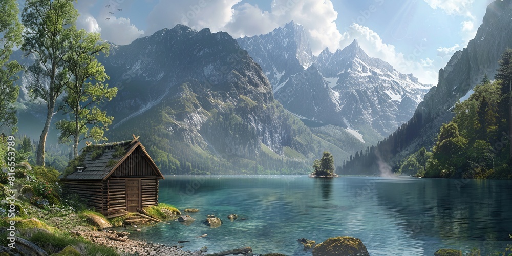 An old hut by a lake in the mountains