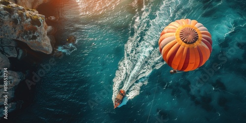 Aerial view of a balloon and a boat