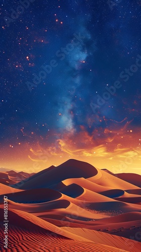 Undulating Sand Dunes form a Beautiful Desert Landscape. Dawn Background with Blue Gradient Starry Sky.