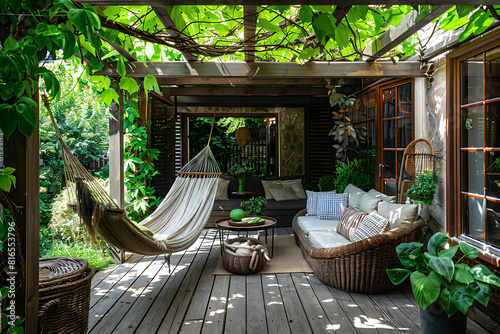 Cozy place outside the house. Beautiful covered terrace with hammock garden, wooden floor, rattan furniture and green plants. Nature in veranda and relaxation on patio in garden.