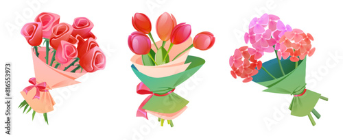 Bunch of tulip flower, floral gift bouquet cartoon. Cute spring rose and hydrangea bloom cut for valentine in garden. Fresh botanical decorative bud collection. Wrapped wedding plant icon bundle