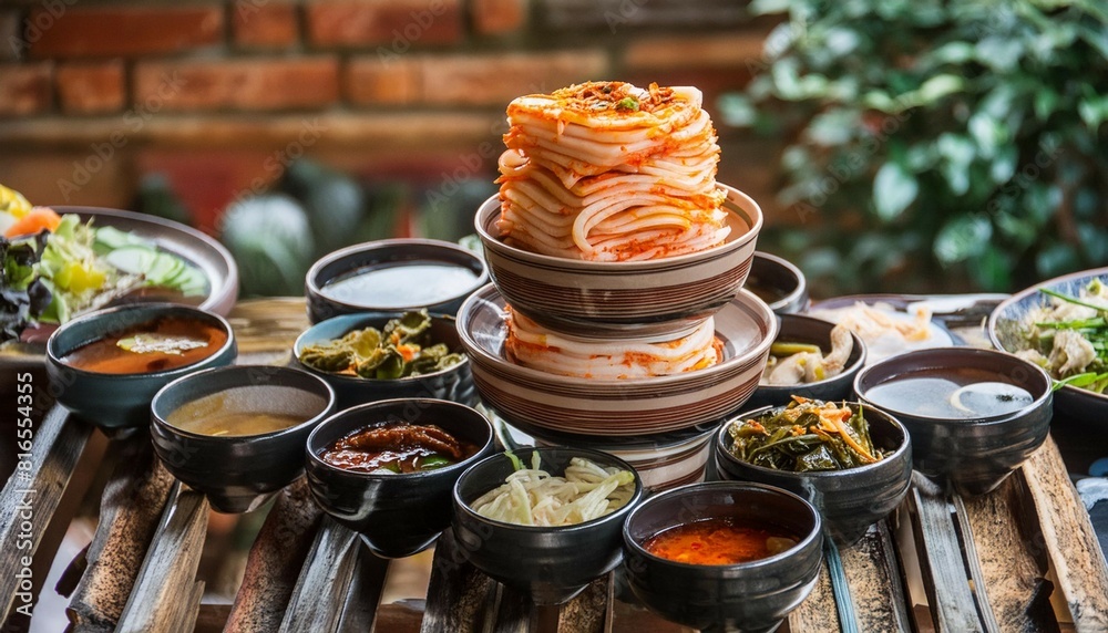 stack of various korean banchan dishes, focus on kimchi