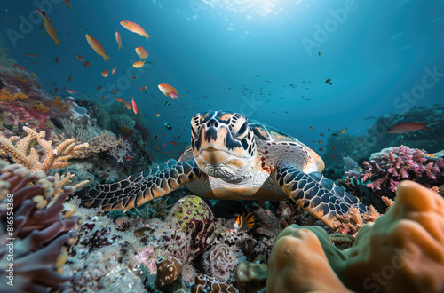 A sea turtle swimming gracefully over the vibrant coral reefs of an island in the Maldives  with colorful fish and marine life surrounding it.