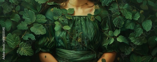 classic art portrait of a woman in green dress holding leaves