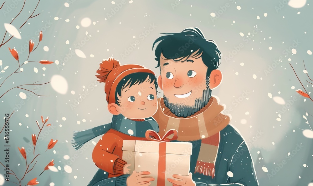 illustration of a father gives his son a gift in a box illustration of a father gives his son a gift in a box