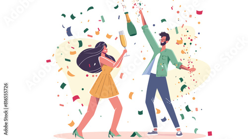 Happy couple celebrating event opening champagne bottle