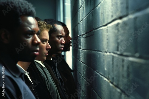 Men of different races standing in front of a wall with angry faces in close-up, copy space
