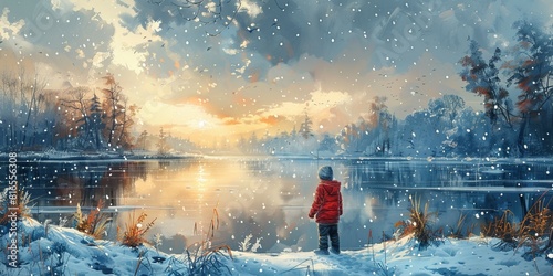 A kid collecting a snow by the lake