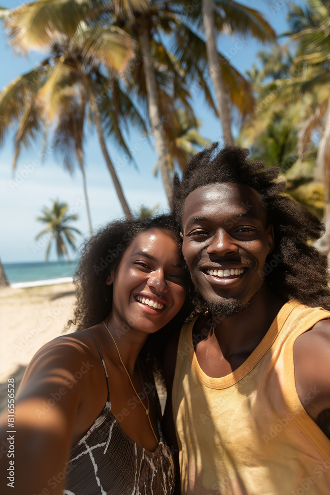 Smiling happy ethnic couple taking selfie photography at tropical beach with white sand and palm beach. Summer vacation in exotic resort, travel photo in a tropical paradise. 