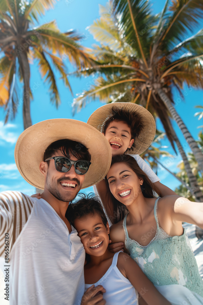 custom made wallpaper toronto digitalSmiling happy ethnic family taking selfie photography at tropical beach with white sand and palm beach. Summer vacation in exotic resort, travel photo in a tropical paradise. 