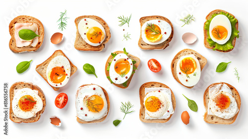 Collection of tasty toasts with boiled eggs