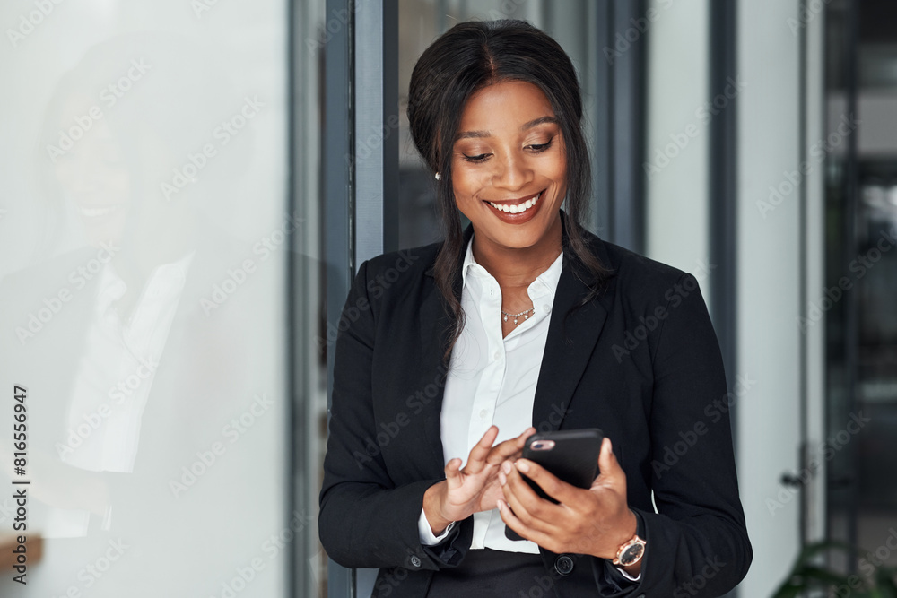 Business woman, smartphone notification and networking in office for communication, internet news or job post. Black person, mobile tech and typing in workplace for social media and online research Business woman, smartphone notification and networking in office for communication, internet news or job post. Black person, mobile tech and typing in workplace for social media and online research