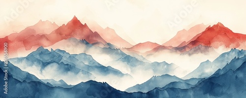 Illustration of abstract mountain range background with red and blue colors. Risograph style