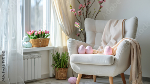 Comfortable armchair and beautiful Easter decor in roo photo