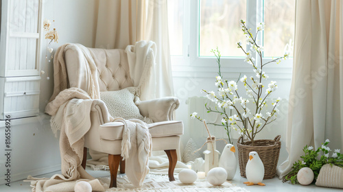 Comfortable armchair and beautiful Easter decor in roo