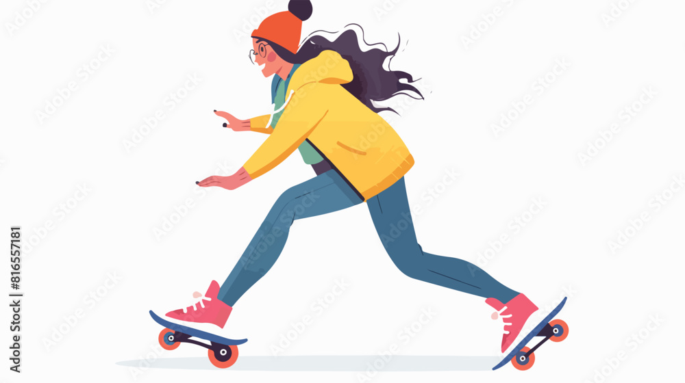 Happy girl skater. Young woman skating on roller skat