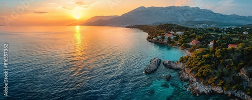 Aerial view of the serene Adriatic coast at sunset, Primorje-Gorski Kotar, Croatia.