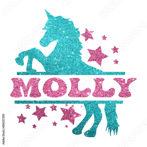Molly - pink glitter - name written in a frame with light blue glitter Unicorn and stars - vector graphic - for cards, baby shower, prints, cricut, silhouette, sublimation