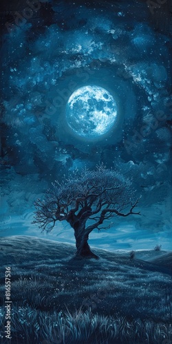 In the night sky, there is an ancient tree with no leaves on it,