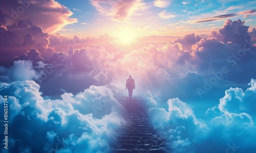 Person walking up stairway to heaven through clouds in the sky after death. photo