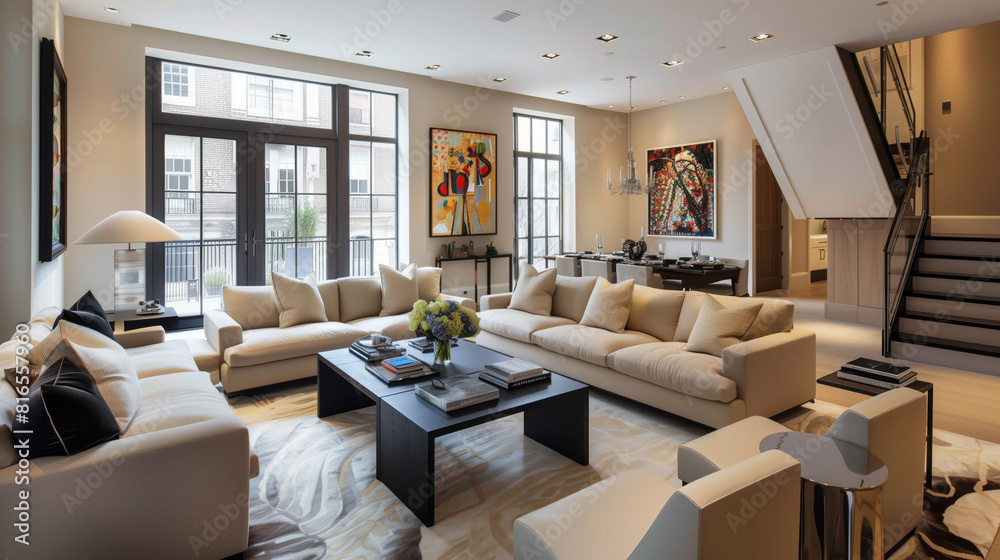 Modern Townhouse Living Room with Art and Natural Light. Elegant living room in a modern townhouse with stylish furniture, large windows, and vibrant artwork.