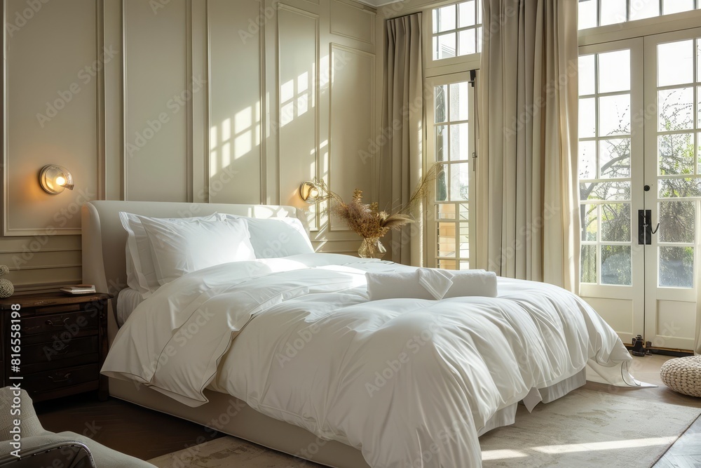 A luxury bedroom setup with crisp linens and elegant decor in a boutique hotel A luxury bedroom setup with crisp linens and elegant decor in a boutique hotel
