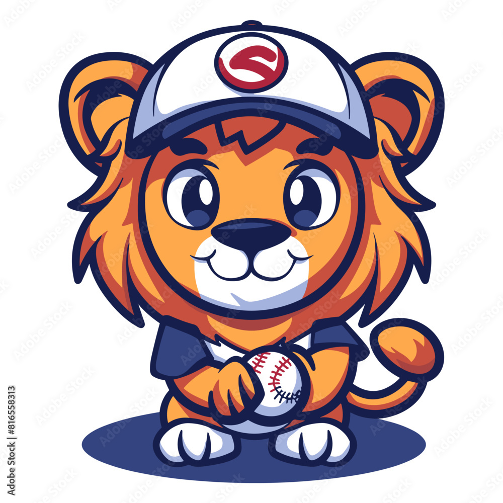 Naklejka premium Baseball Lion Logo Design: Adorable Predator Emblem for Team with Cute Ball and Hat