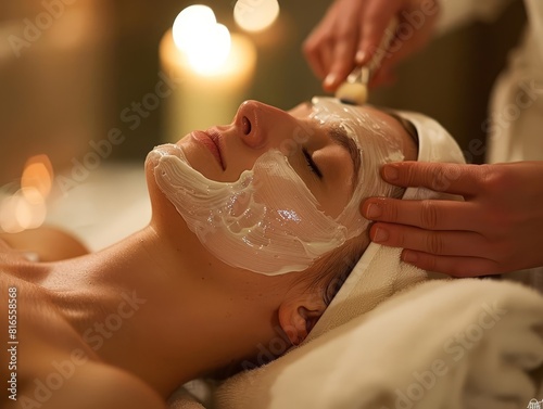 A serene spa scene with a person receiving a massage  surrounded by calming elements