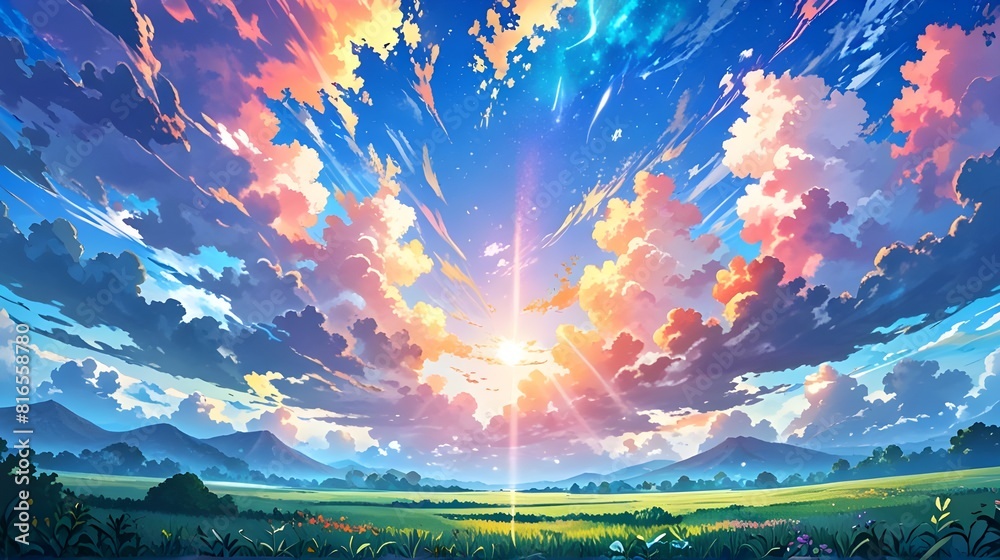 Fototapeta premium Anime fantasy wallpaper background concept : Scenic views of a sunrise over a field and a sunset painting the sky red and orange behind mountains, generative ai
