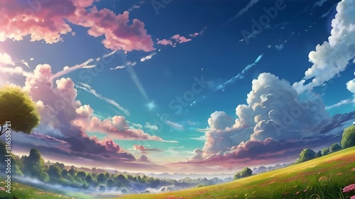 Anime fantasy wallpaper background concept : Bright, colorful sky with clouds as the sun dips below the mountains in a beautiful sunset landscape, generative ai
