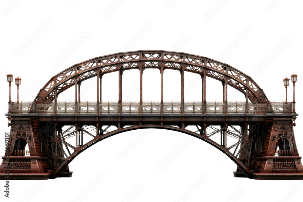 Obraz premium Vintage wrought iron arch bridge, ornate steel railway overpass illustration, Victorian industrial architecture design element isolated on Transparent Background
