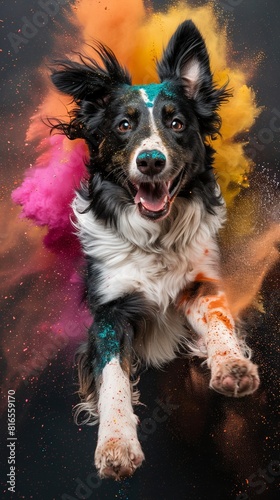 Border Collie jumping with coloured powder