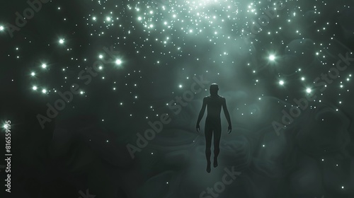Mysterious visual of a figure floating in a dark space  surrounded by random glowing orbs  evoking a sense of wonder and the unknown